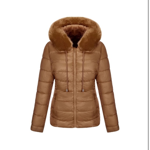 Camel Double Sided Faux Fur Puffer Jacket Hooded-Fur - Picture 2 of 6